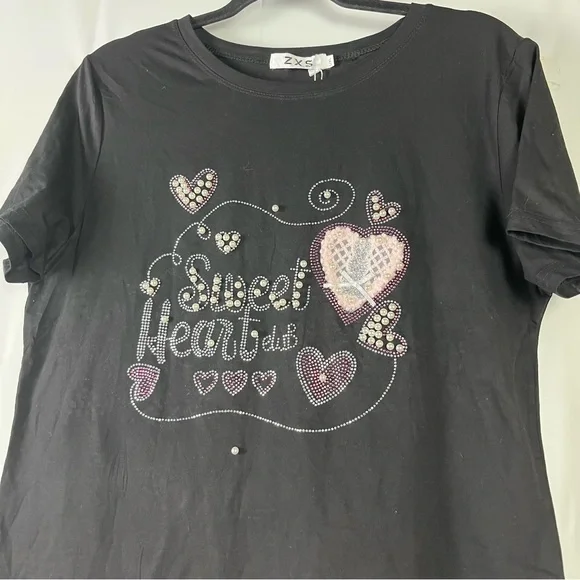 Women's Rhinestone Fitted short sleeve stretch black blouse size large - Picture 7 of 11